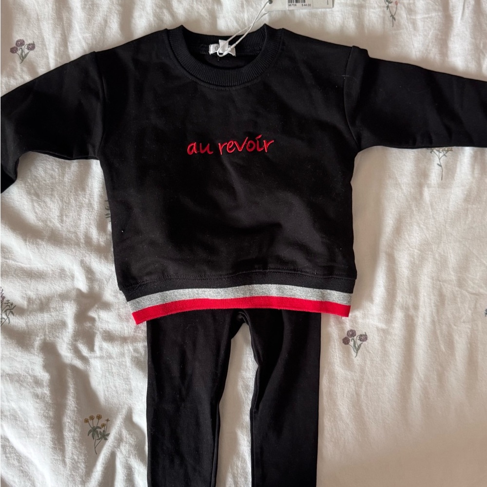 Toddler Girl Black 'au revoir' Matching Set - Stylish Sweatshirt & Leggings